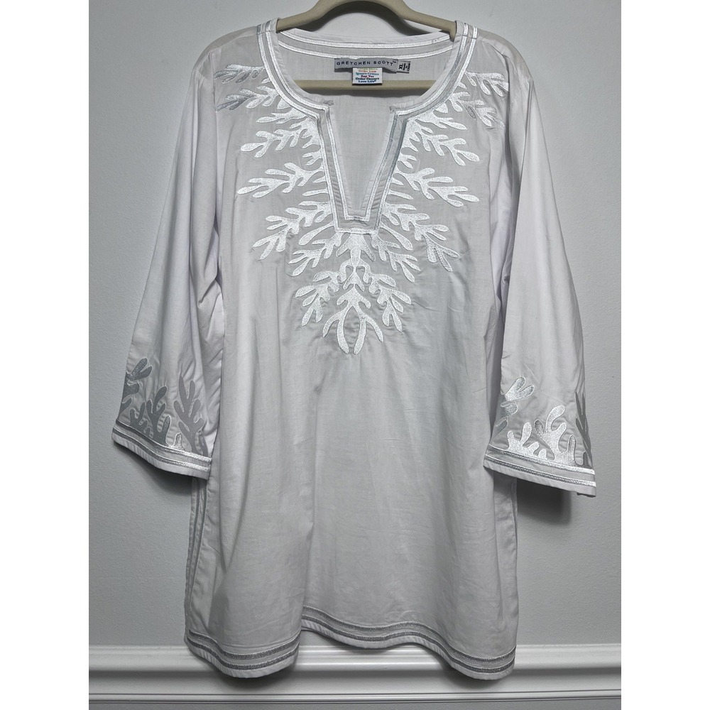 Gretchen Scott Tunic Top Womens XL White/silver Embroidered 3/4 Sleeve-Cruise
